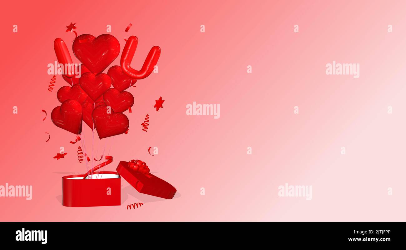 bunch of 3D rendered heart shaped balloons from a heart shaped gift box ...