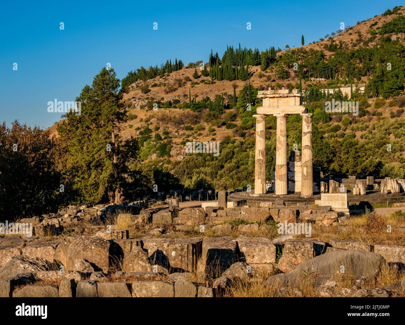 Tholos of Delphi, Temple of Athena Pronaia, sunrise, Delphi, Phocis, Greece Stock Photo