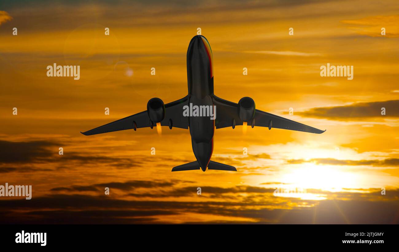 Airplane taking off with the evening sky in the background Stock Photo