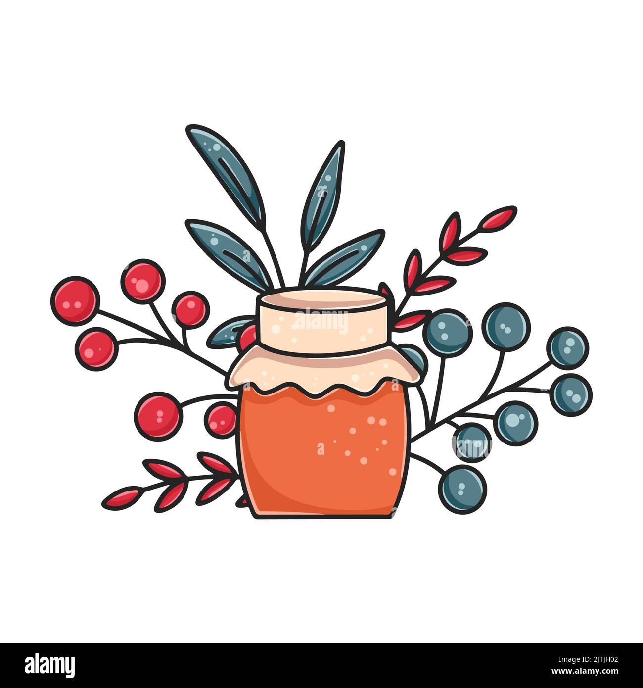 Cozy autumn composition with jar of jam, berries and leaves. Fall seasonal cute decor. Picture harvest of honey. Thanksgiving themed autumn sticker Stock Vector