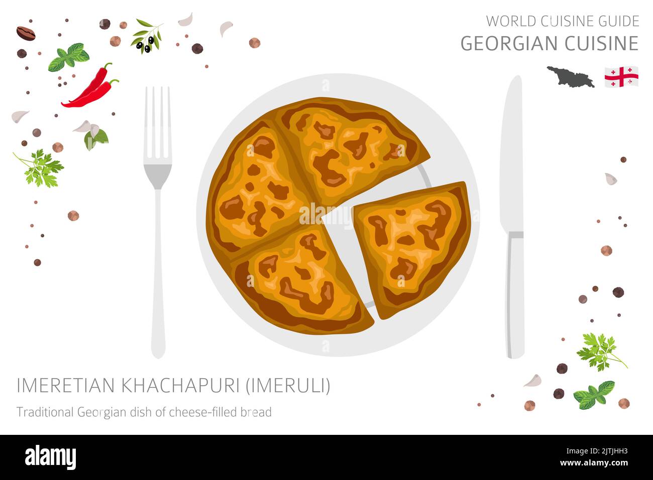 World cuisine guide. Georgian cuisine. Imeretian khachapuri, imeruli bread isolated on white, infographic. Vector illustration Stock Vector