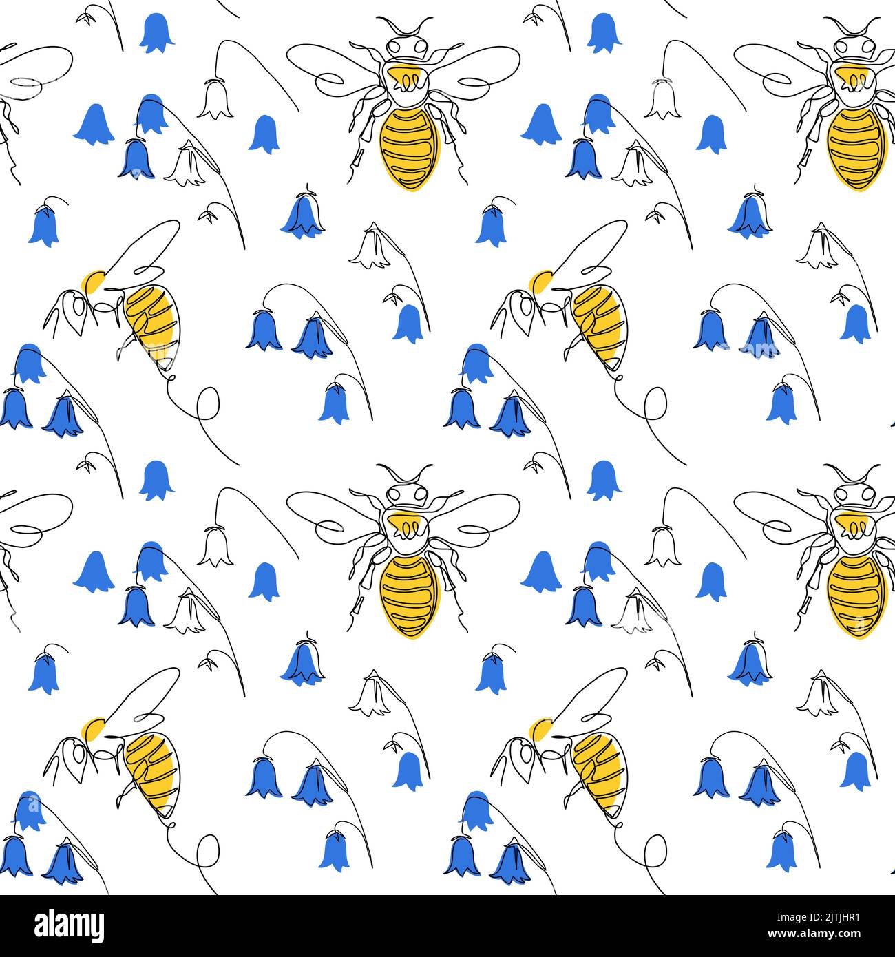 Bee vector pattern, background with blue flowers Stock Vector