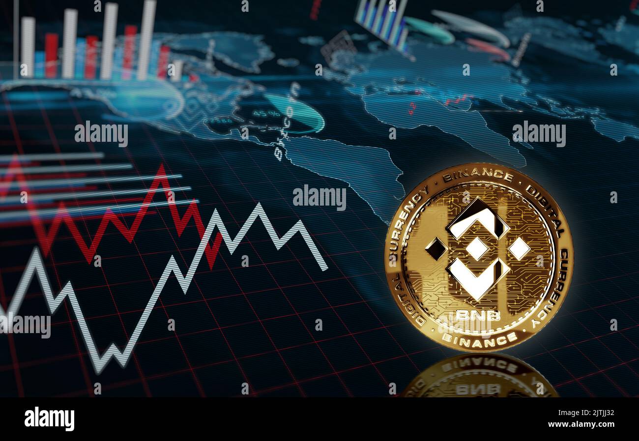 Binance BNB stablecoin cryptocurrency golden coin over the chart. Price  trend graph with growing and falling line. Online payment and transaction  abst Stock Photo - Alamy