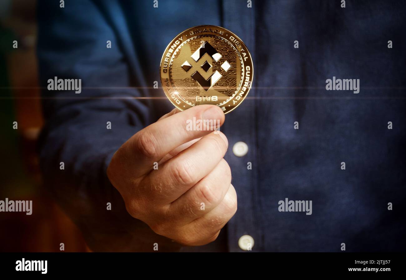 Binance Coin BNB Cryptocurrency 3D coin logo and symbol on brown  background, Decentralized block chain finance illustration Stock Photo -  Alamy