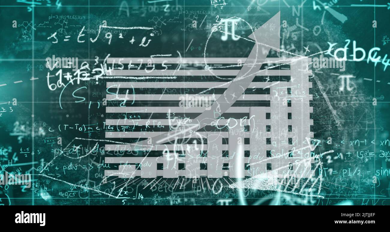 Image of data processing with mathematical equations on black ...