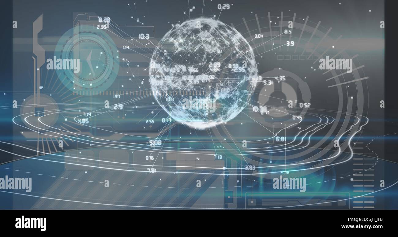 Image of data processing over globe and moving clock on black ...