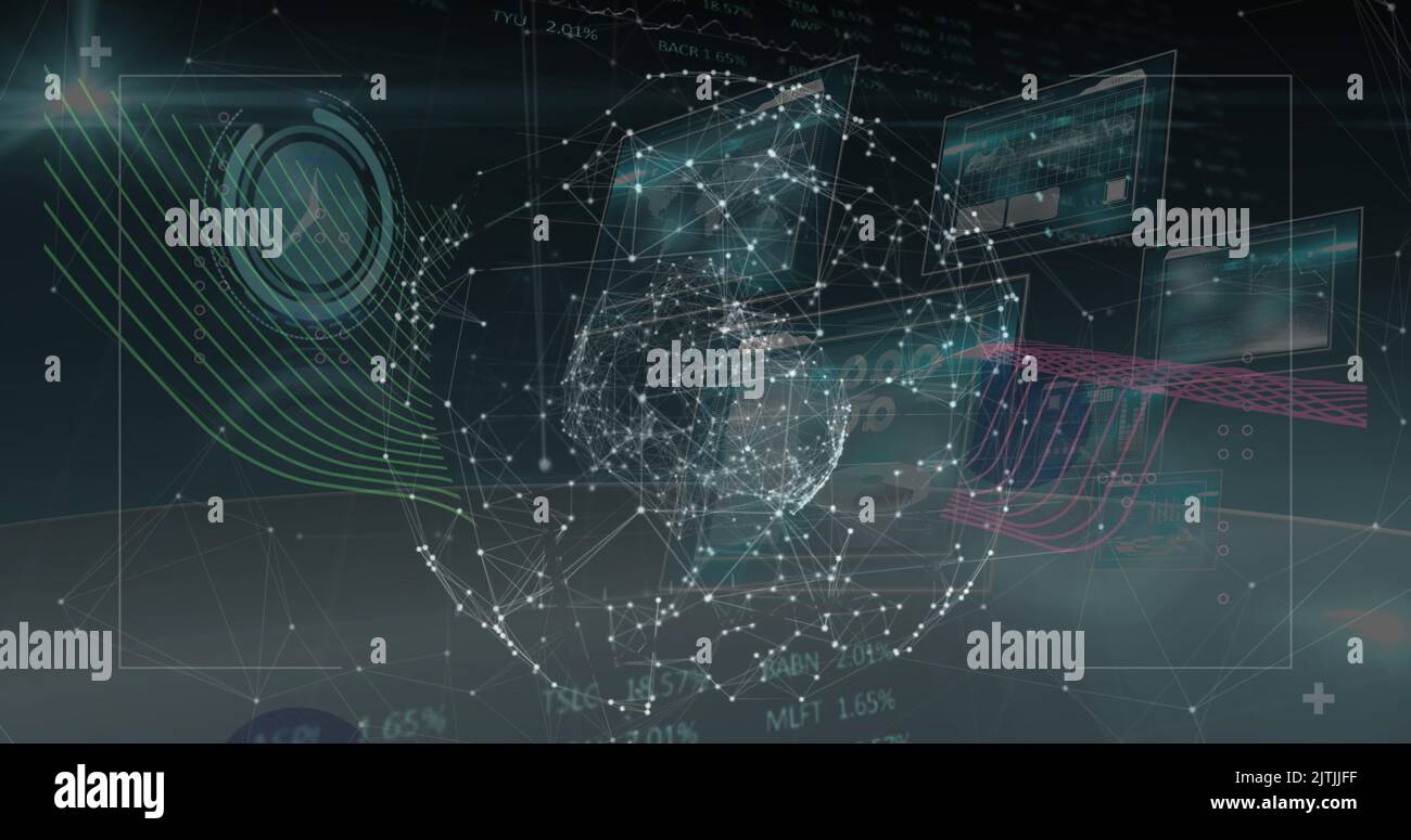 Image of data processing over globe and moving clock on black ...