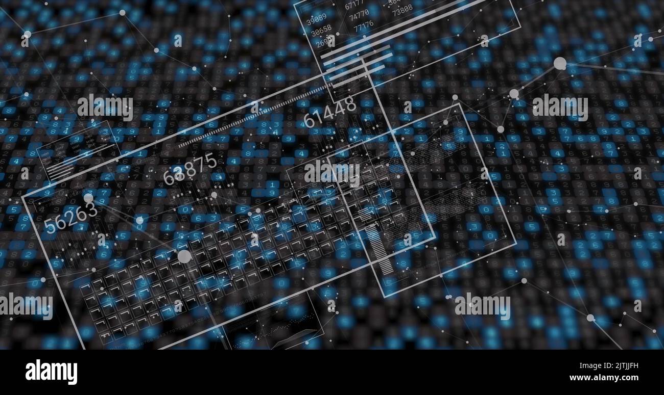 Image of data processing over moving columns on black background Stock Photo