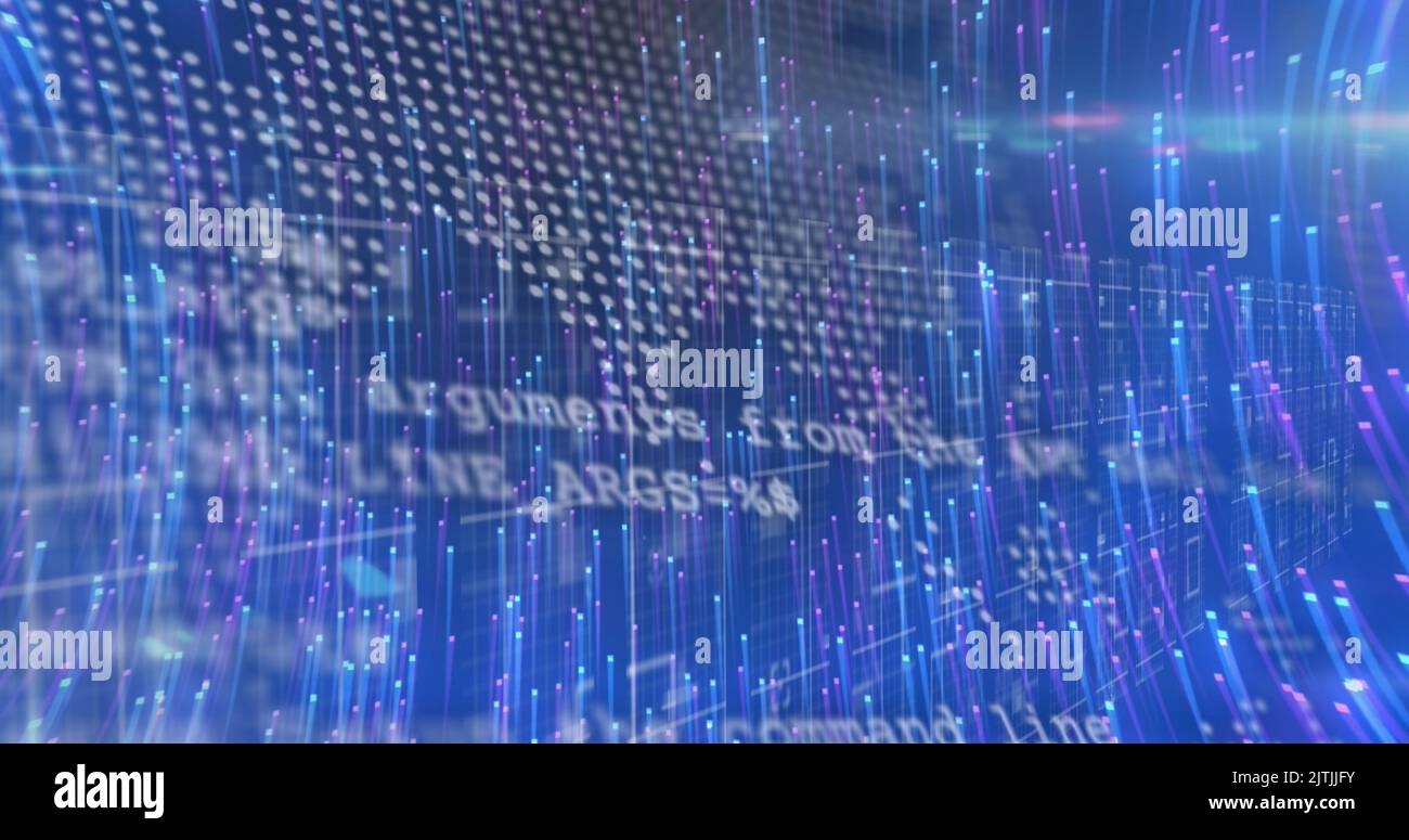 Image of light trails over world map with data processing on black ...