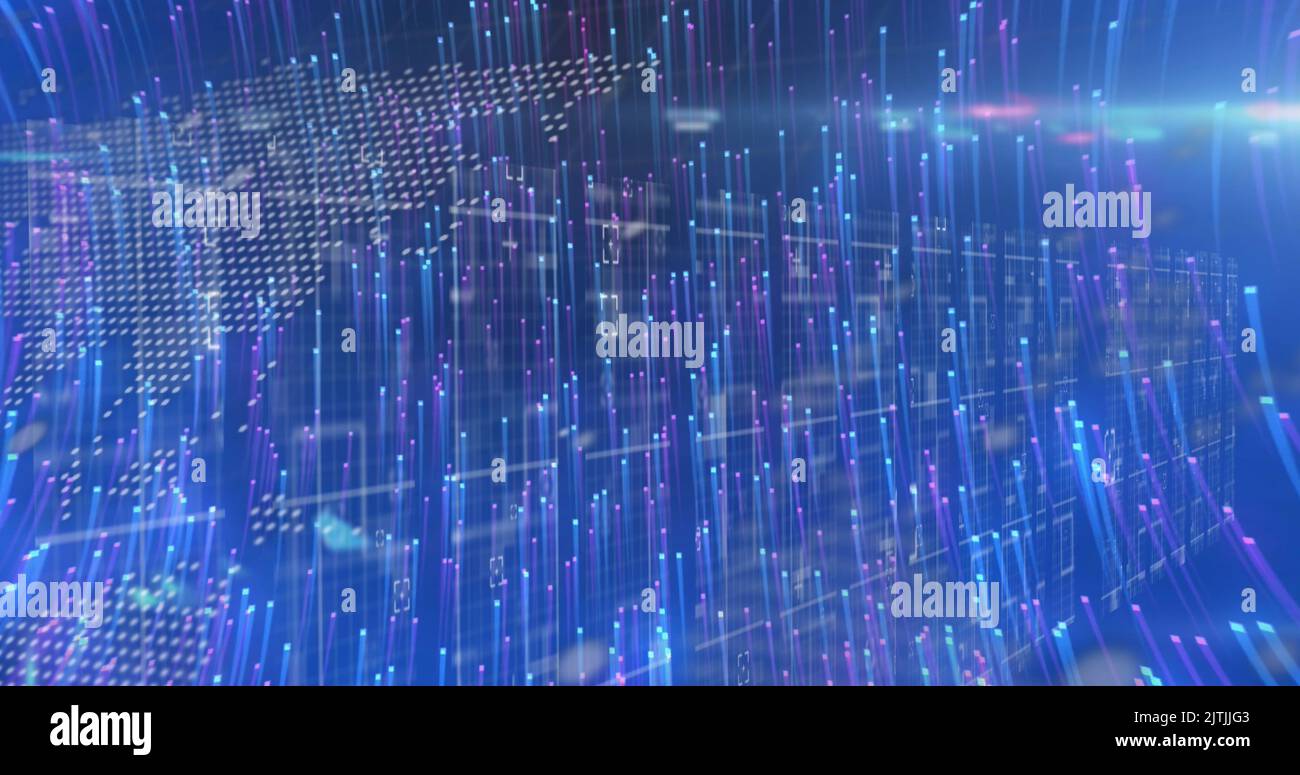 Image of light trails over world map with data processing on black ...