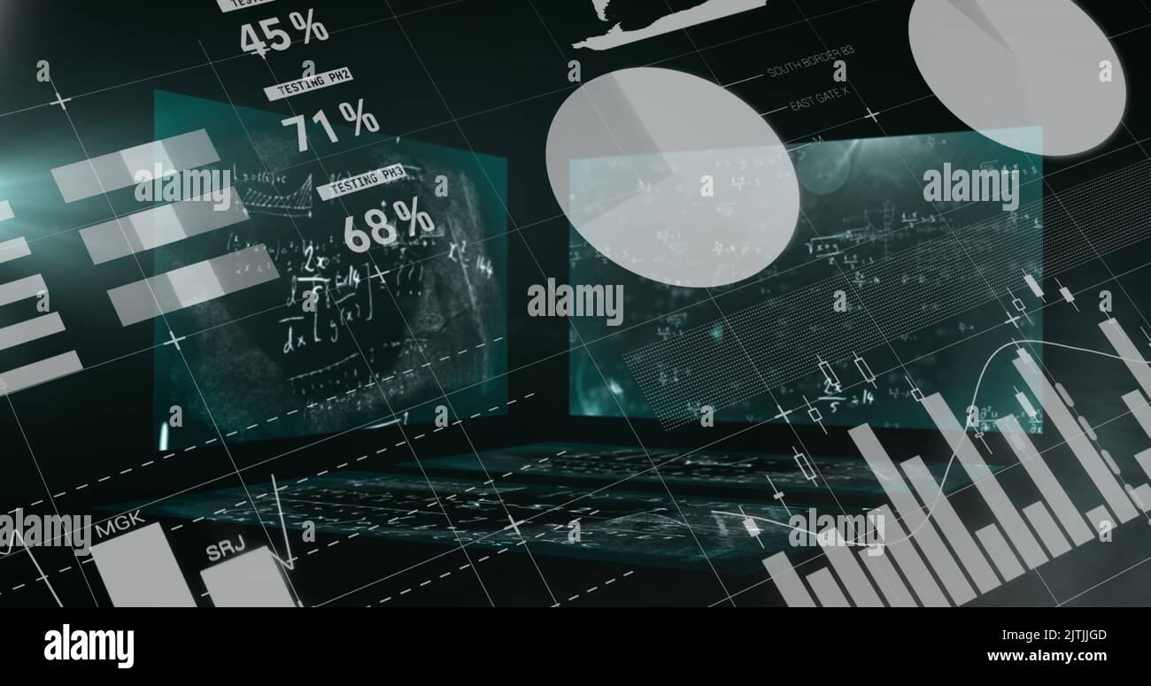 Image of data processing with mathematical equations on black background Stock Photo