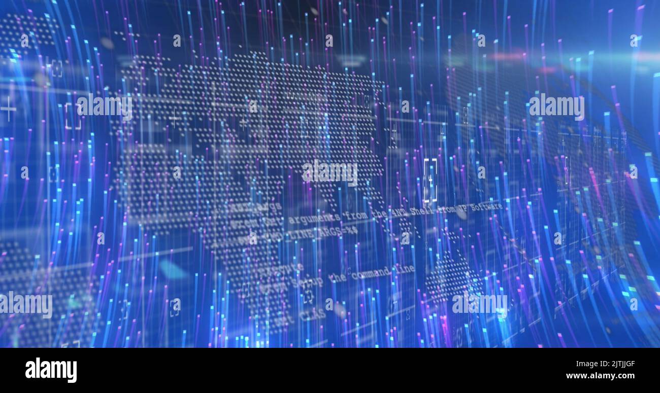 Image of light trails over world map with data processing on black ...