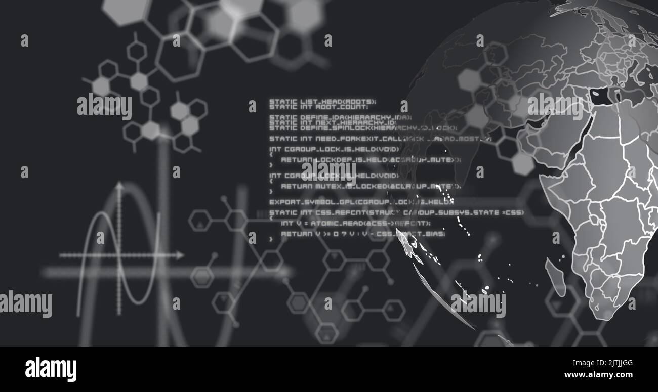 Image of globe with data processing over molecules on black background Stock Photo