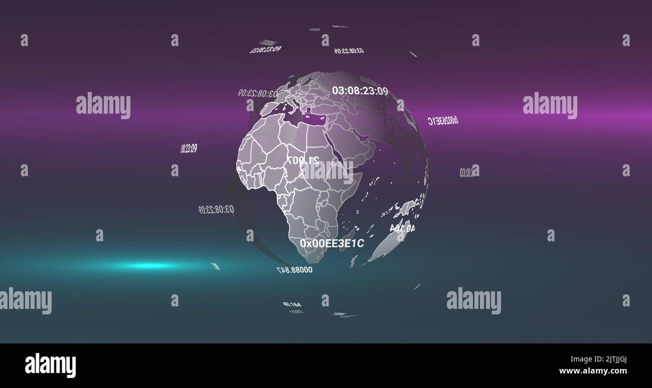 Image of globe with data processing over light trails on black background Stock Photo