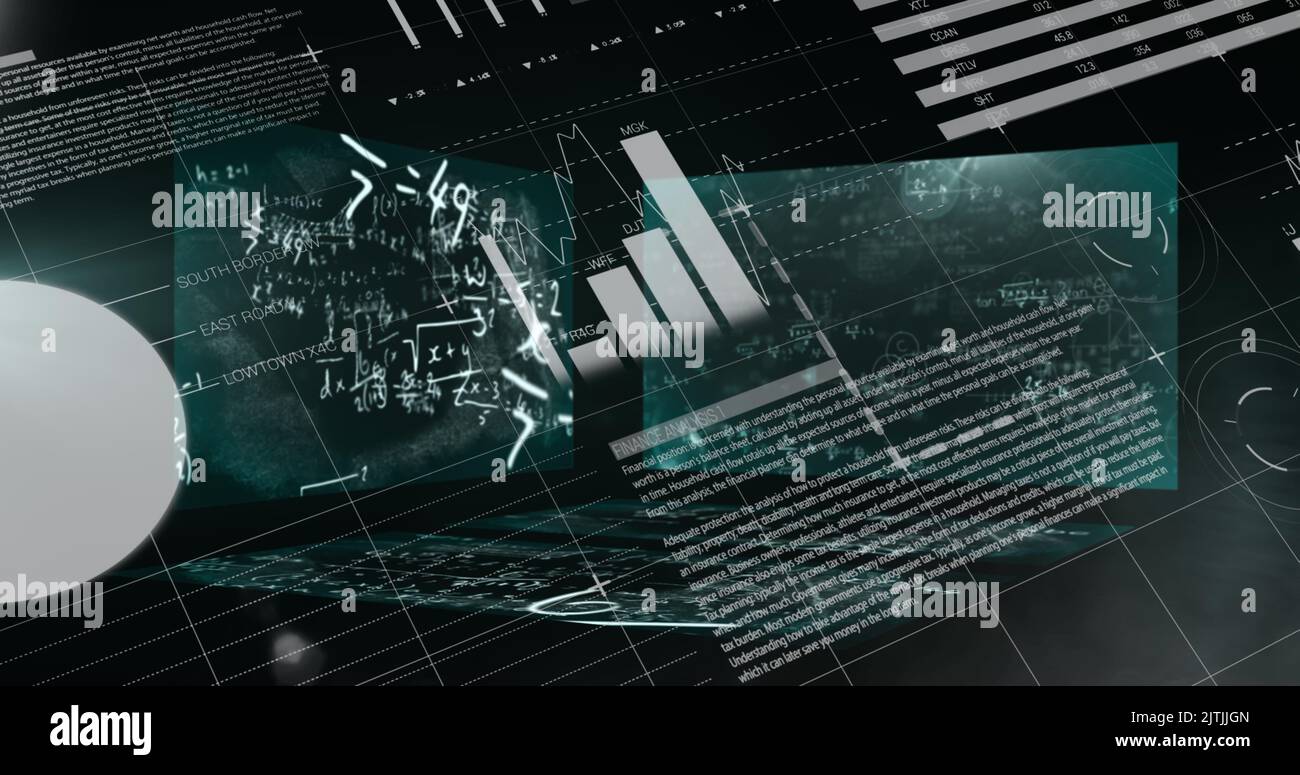 Image of data processing with mathematical equations on black background Stock Photo