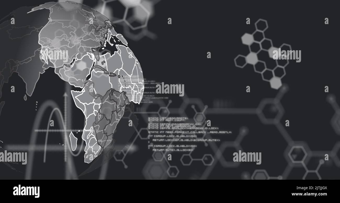 Image of globe with data processing over molecules on black background Stock Photo