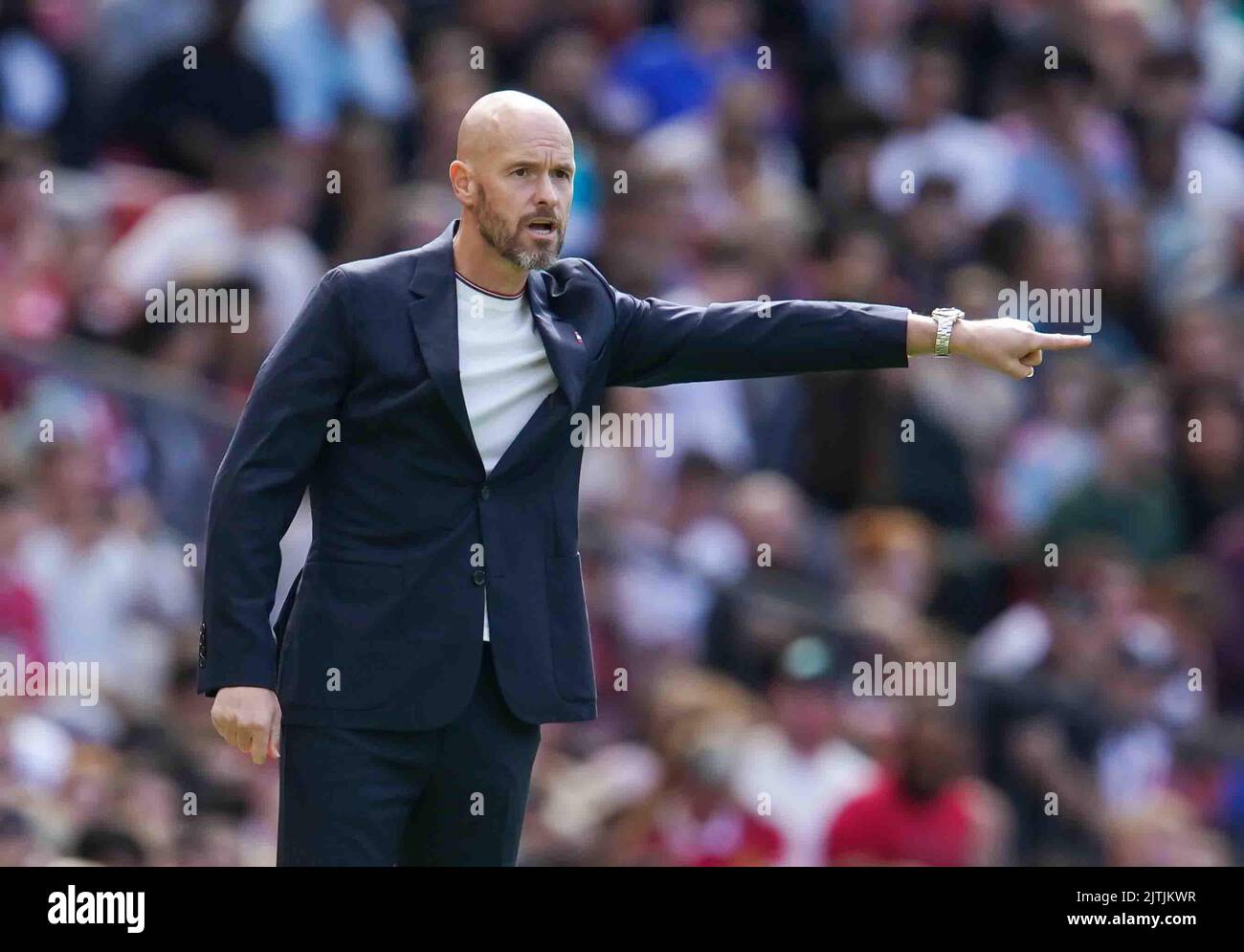 File photo dated 31-07-2022 of Manchester United manager Erik ten Hag who was tight-lipped about the impending arrival of Antony but the Manchester United manager admitted his satisfaction at bolstering his attacking options. Issue date: Wednesday August 31, 2022. Stock Photo