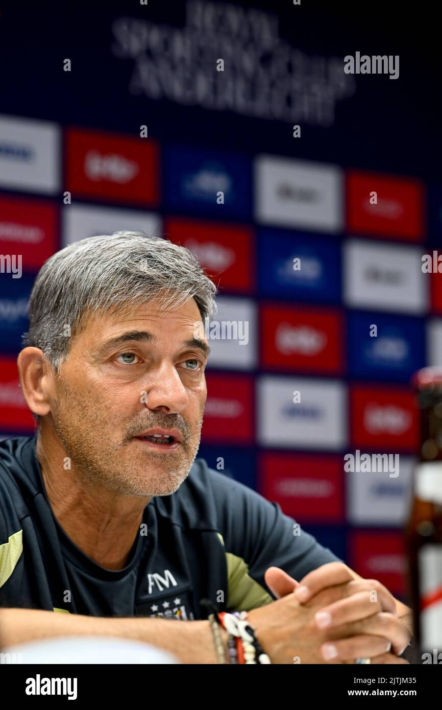 Brussels, Belgium, 31/08/2022, Anderlecht head coach Felice Mazzu pictured during the weekly press conference of Belgian soccer team RSC Anderlecht, Wednesday 31 August 2022 in Brussels, to discuss the next game in the national competition. BELGA PHOTO DIRK WAEM Stock Photo