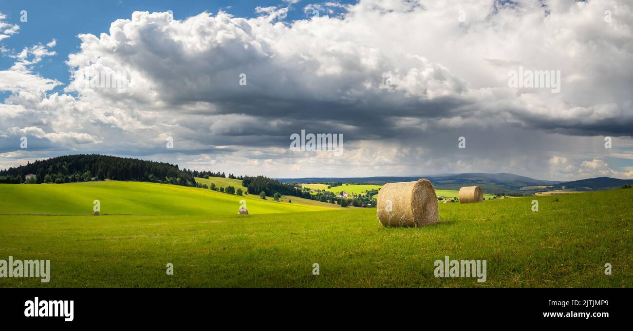summer landscape with a field with hay bales and blue sky with white clouds Stock Photo
