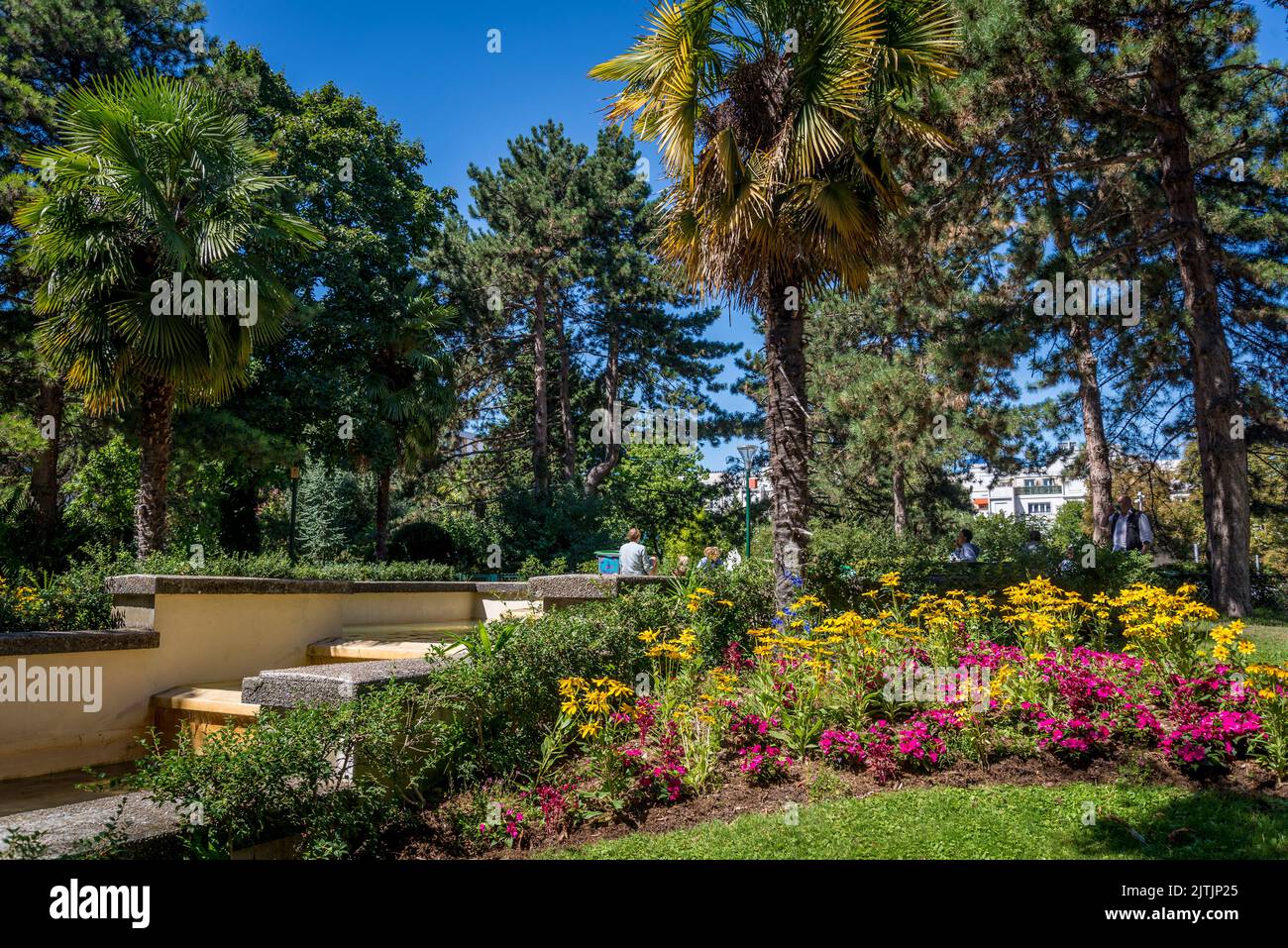 Colourful Square de la Roquette, small, neighbourhood park in the 11th arrondissement, Paris, France Stock Photo