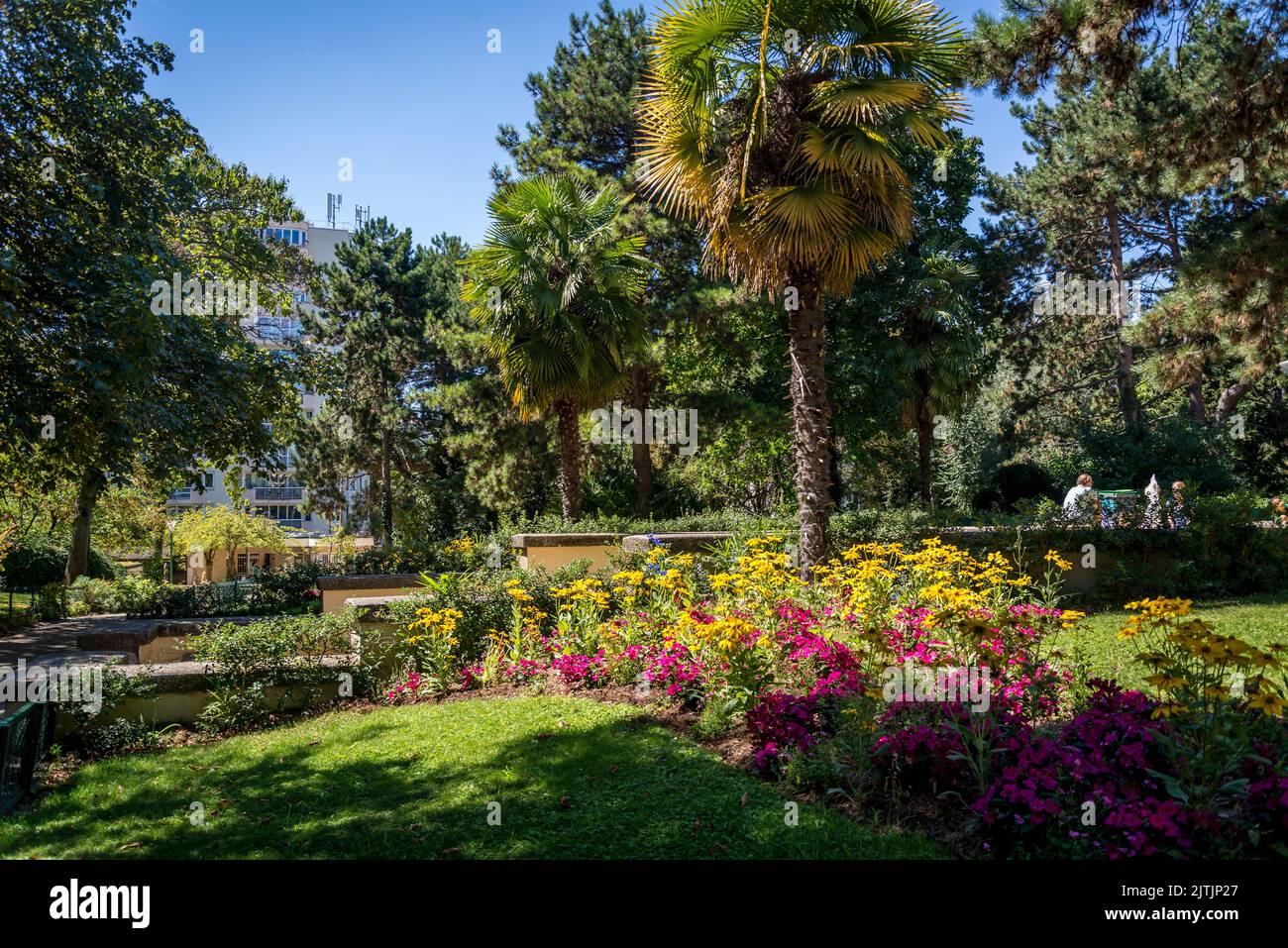 Colourful Square de la Roquette, small, neighbourhood park in the 11th arrondissement, Paris, France Stock Photo