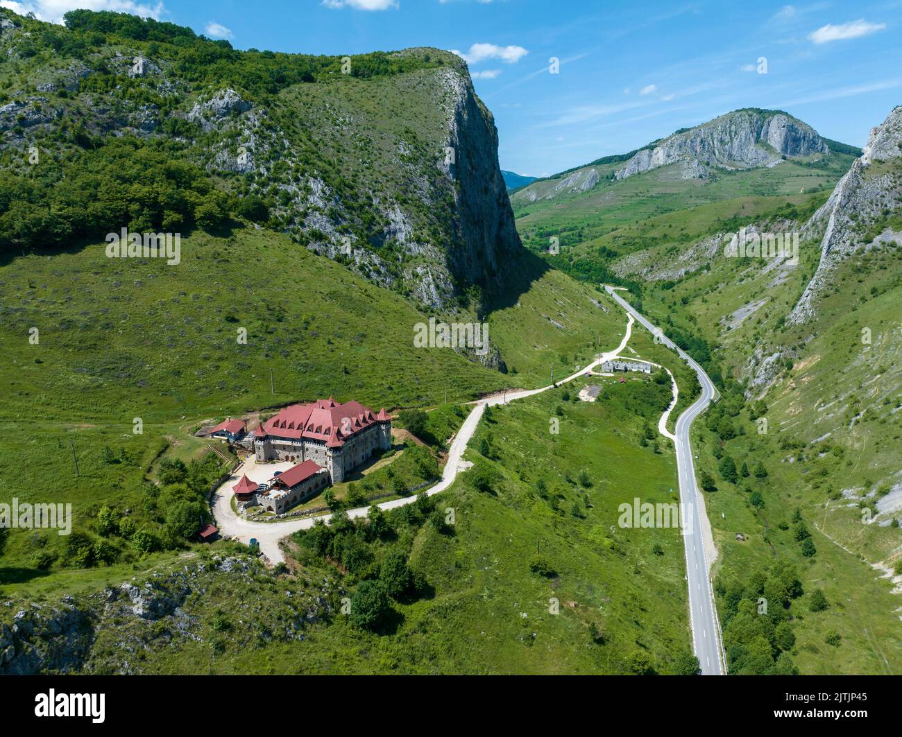 Drone view of Castle 'Templul Cavalerilor' - from Cheile Valisoarei, Valisoara, Alba county, Romania Stock Photo