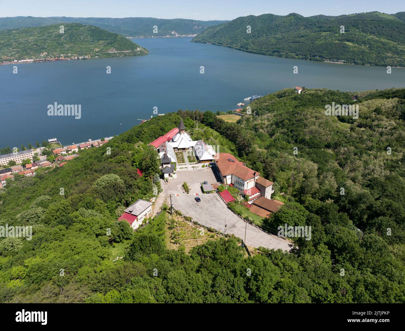 Saint Ana Monastery from Orsova, Romania - Spectacular views over Danube Stock Photo