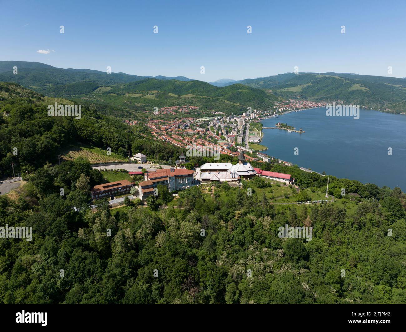 Saint Ana Monastery from Orsova, Romania - Spectacular views over Danube Stock Photo