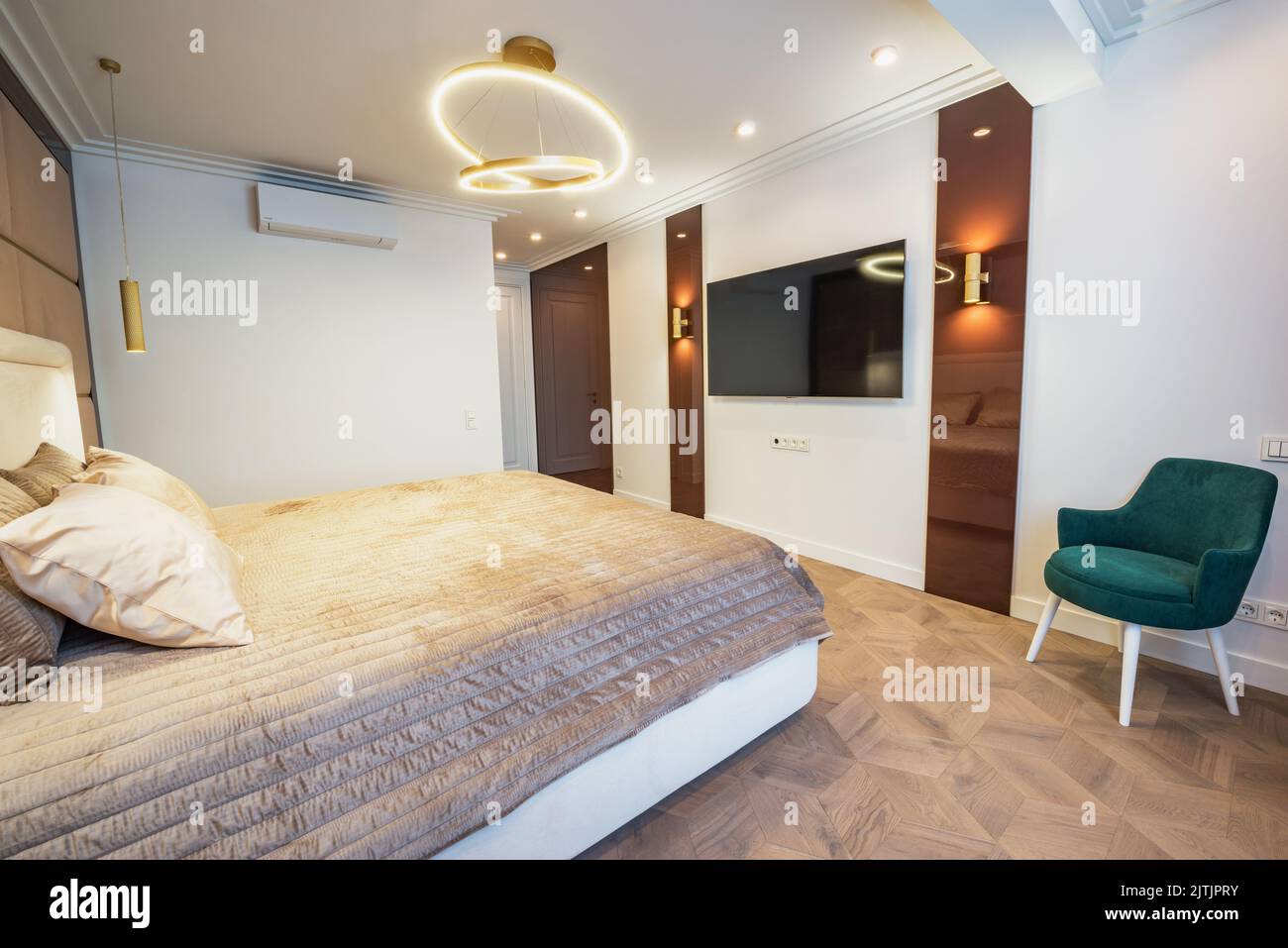 Moscow, Russia - August 24, 2022: Interior of the bedroom of the luxury ...