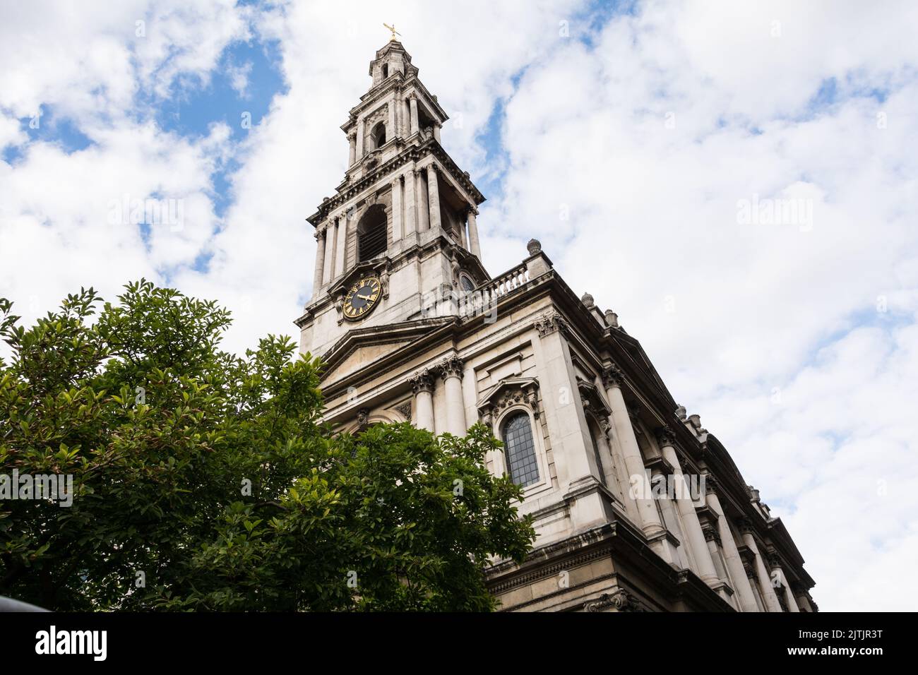 Closeup of the tower of Sir Christopher Wren's St Clement Danes church, Strand, London, England, UK Stock Photo