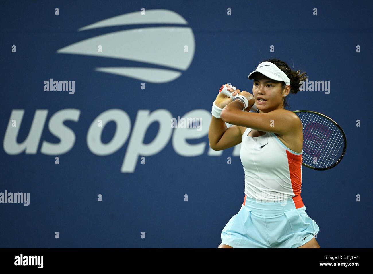 Emma Raducanu in action against Alize Cornet during day two of the US Open at the USTA Billie Jean King National Tennis Center, New York. Picture date: Tuesday August 30, 2022. (Photo by Anthony Behar/Sipa USA) Stock Photo