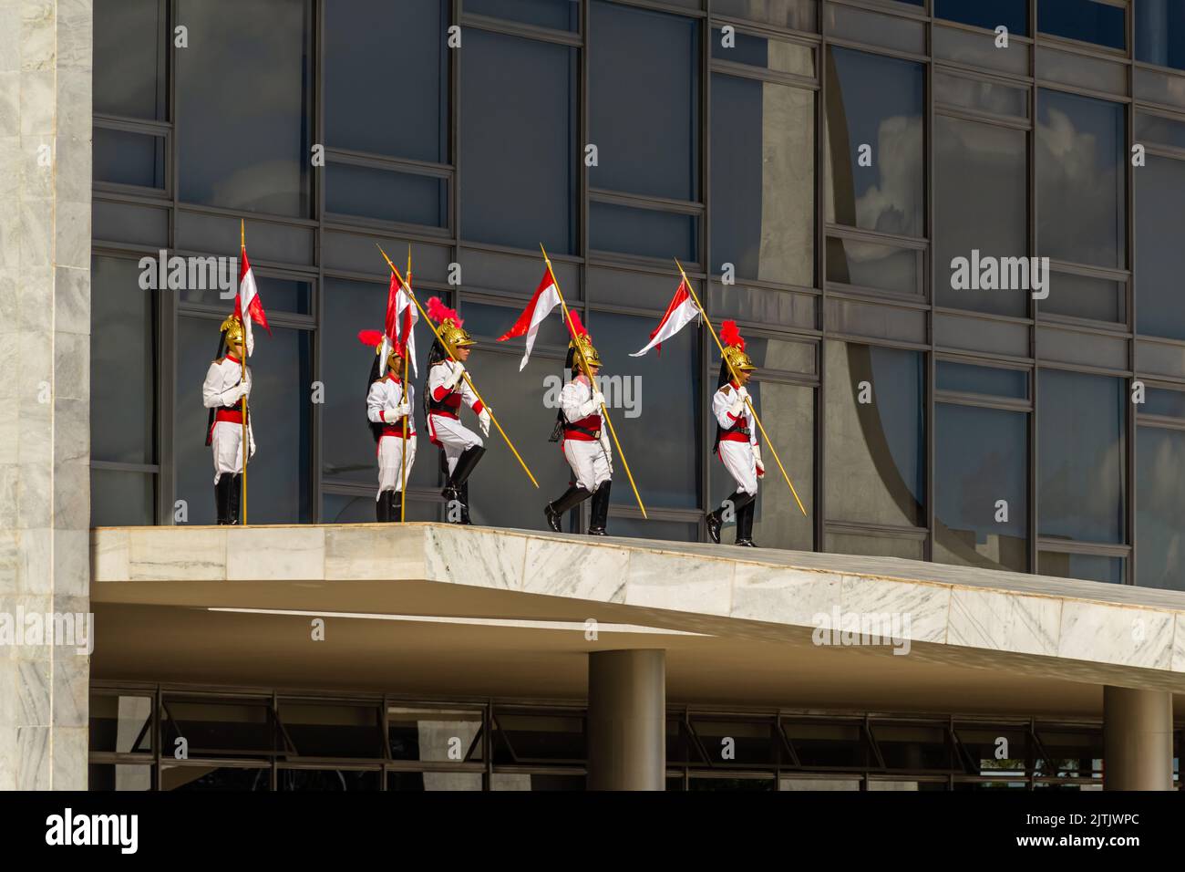 Brasília, Federal District, Brazil – December 25, 2022: Moment of the ritual of exchange of soldiers of the Presidential Guard at Palácio do Planalto. Stock Photo
