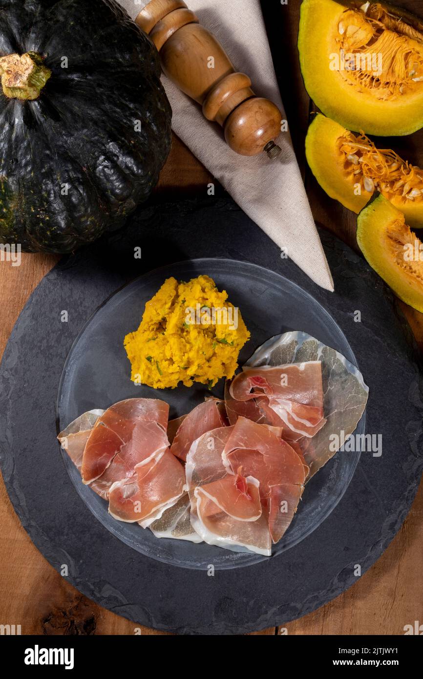 Parma ham (jamon) traditional Italian meat specialties. Stock Photo