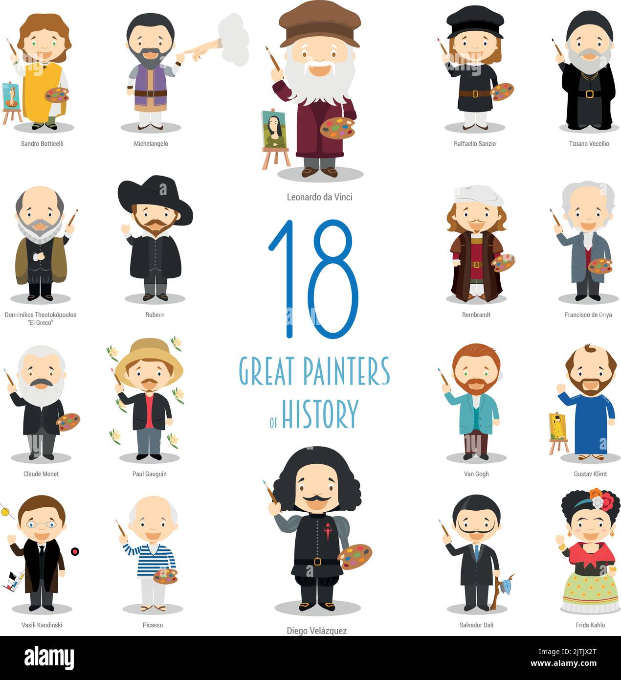 Kids Vector Characters Collection: Set of 18 great painters of History in cartoon style. Stock Vector