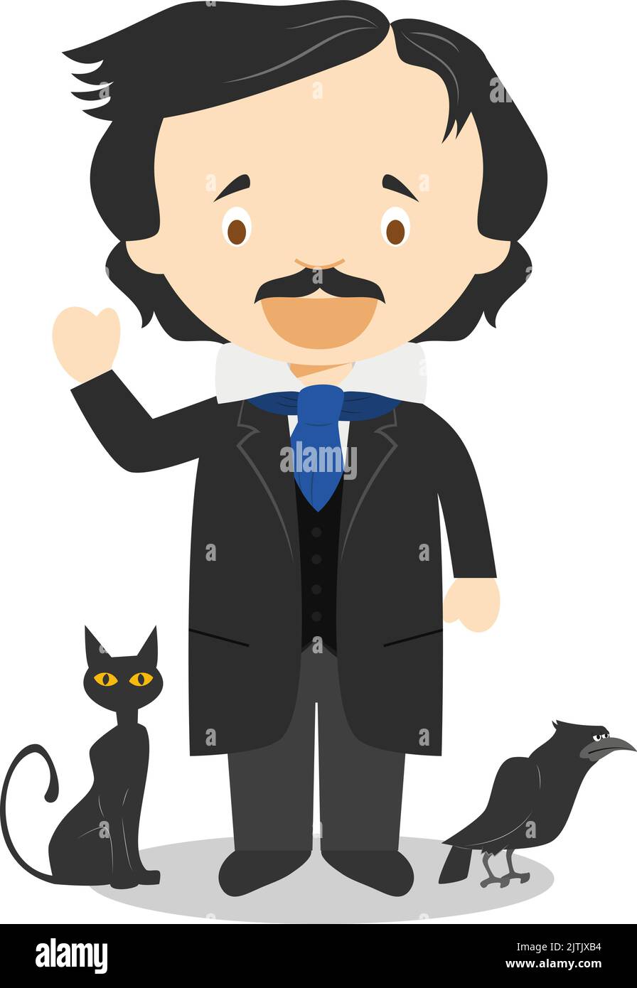 Edgar Allan Poe cartoon character. Vector Illustration. Kids History