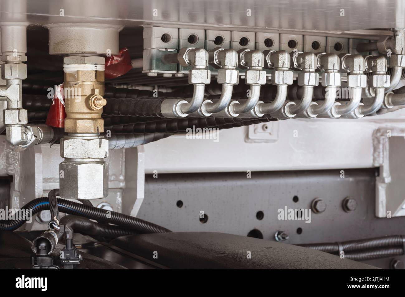 Detail of a hydraulic control mechanism of a concrete pump truck Stock