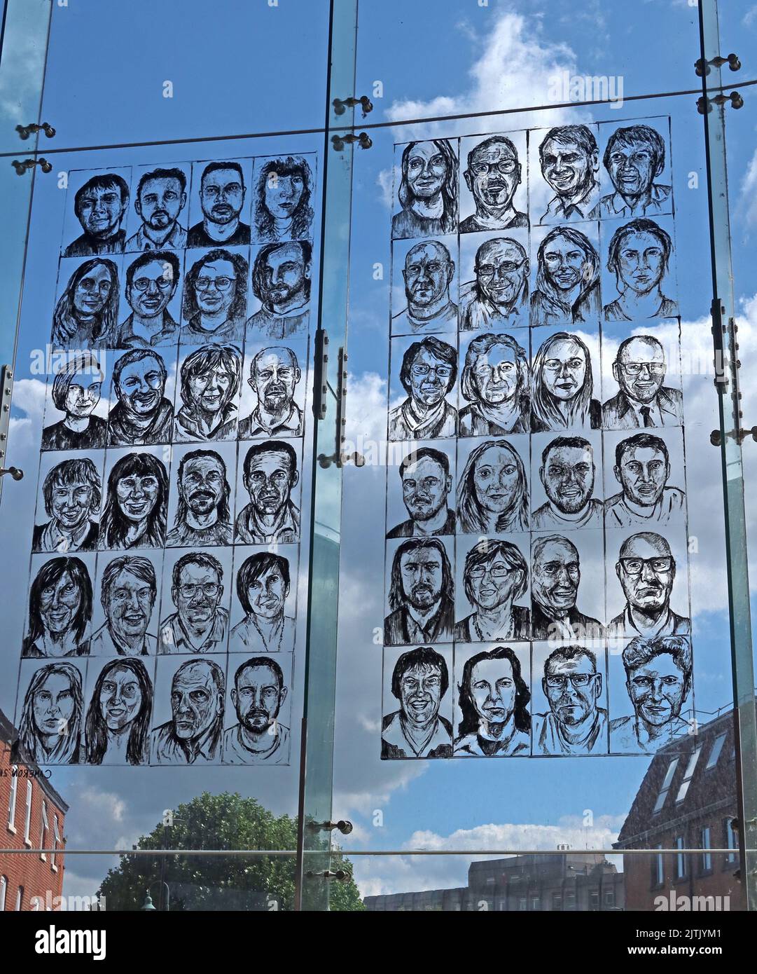Faces at Warrington Interchange, Art by Cameron Brown  - "As you are now so once were we" Stock Photo
