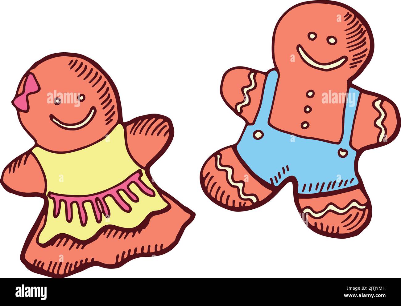Gingerbread man and woman. Funny sweet cookies doodle Stock Vector