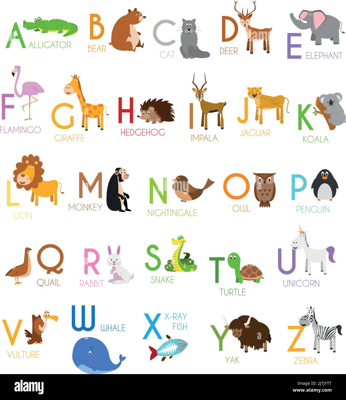 Cute cartoon zoo illustrated alphabet with funny animals. English ...