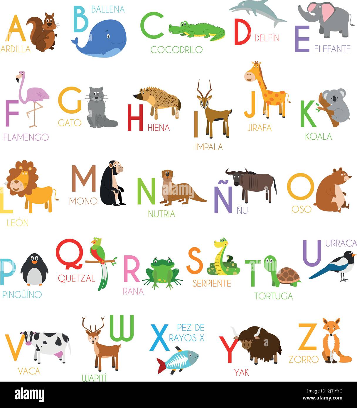 Cute cartoon zoo illustrated alphabet with funny animals. Spanish alphabet. Learn to read. Isolated Vector illustration. Stock Vector