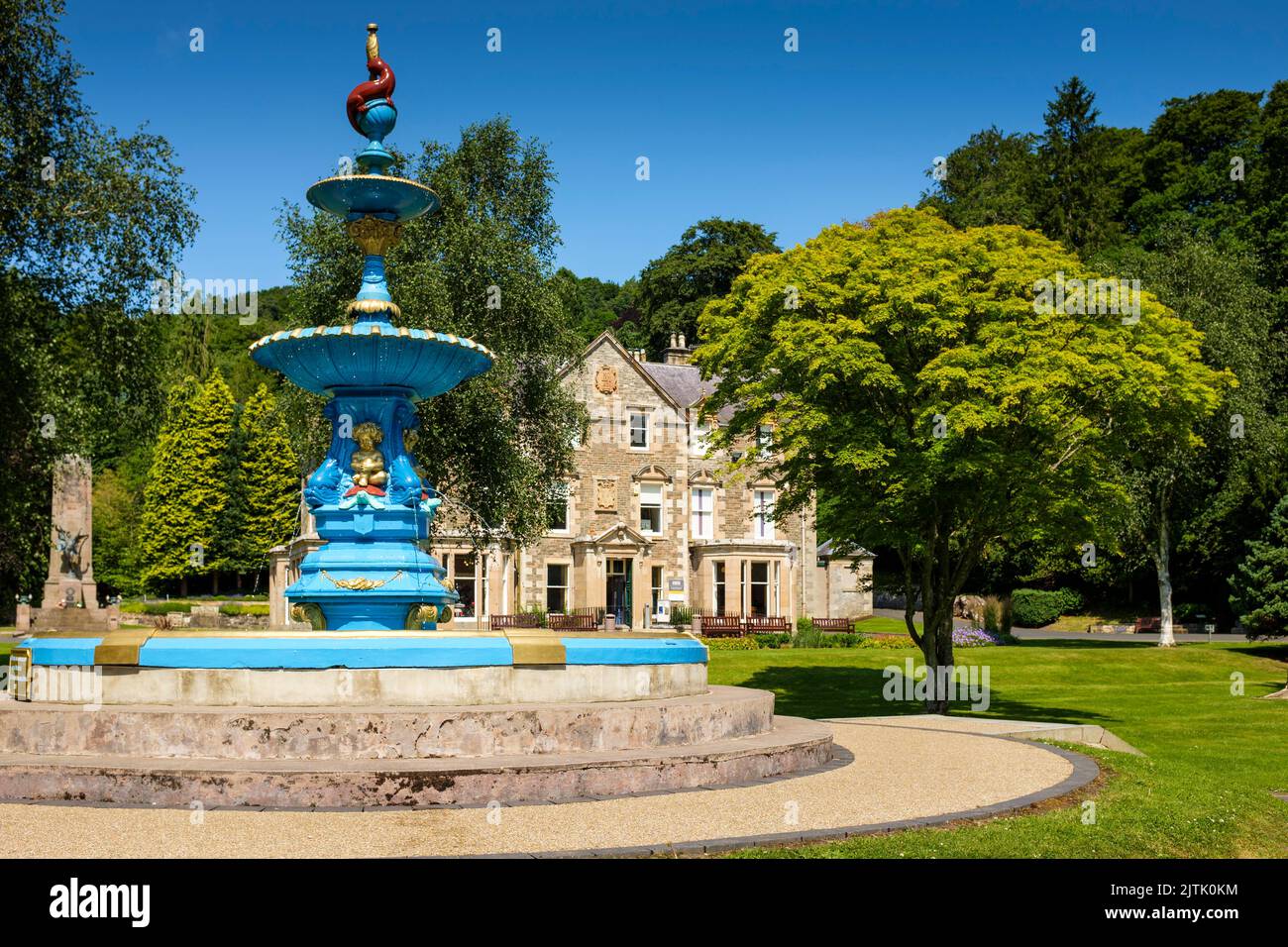 The ornamental fountain outside Hawick Museum, Wilton Lodge Park, Hawick, Scotland, UK Stock Photo