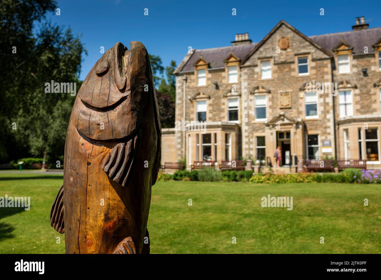 Wooden fish sculpture outside Hawick Museum, Wilton Lodge Park, Hawick, Scotland, UK Stock Photo
