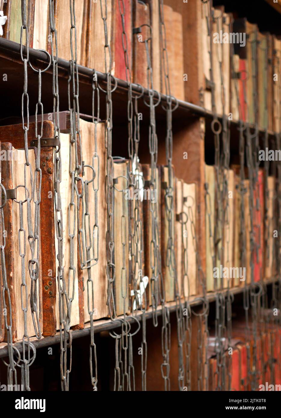Chained books in the chained library, Hereford Cathedral, Hereford, England Stock Photo