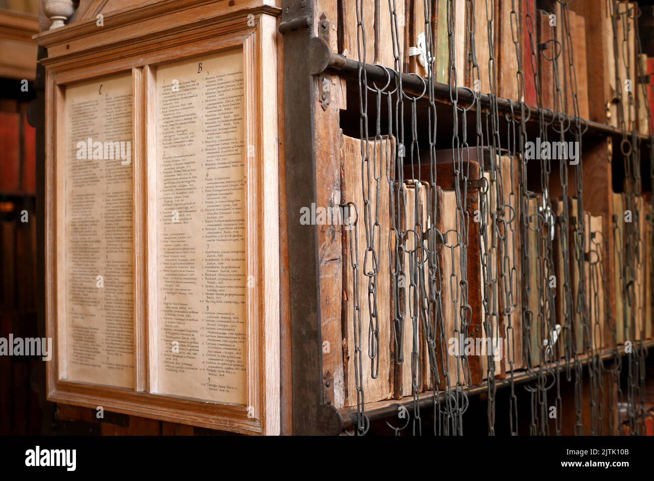 Chained books in the chained library, Hereford Cathedral, Hereford, England Stock Photo