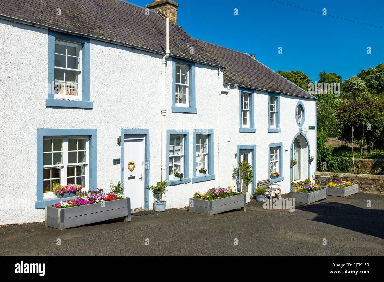Row of cottages in the Scottish Borders town of Hawick, Scotland, UK Stock Photo