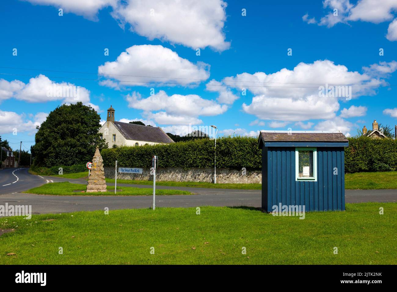 Bus shelter at Sprouston Kirk, in the Scottish Borders village of Sprouston, Scotland, UK Stock Photo