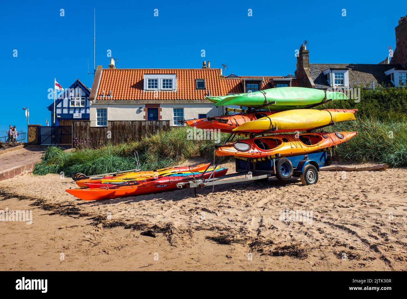 Canoes and trailer on West Bay Beach, North Berwick, Scotland, UK Stock Photo