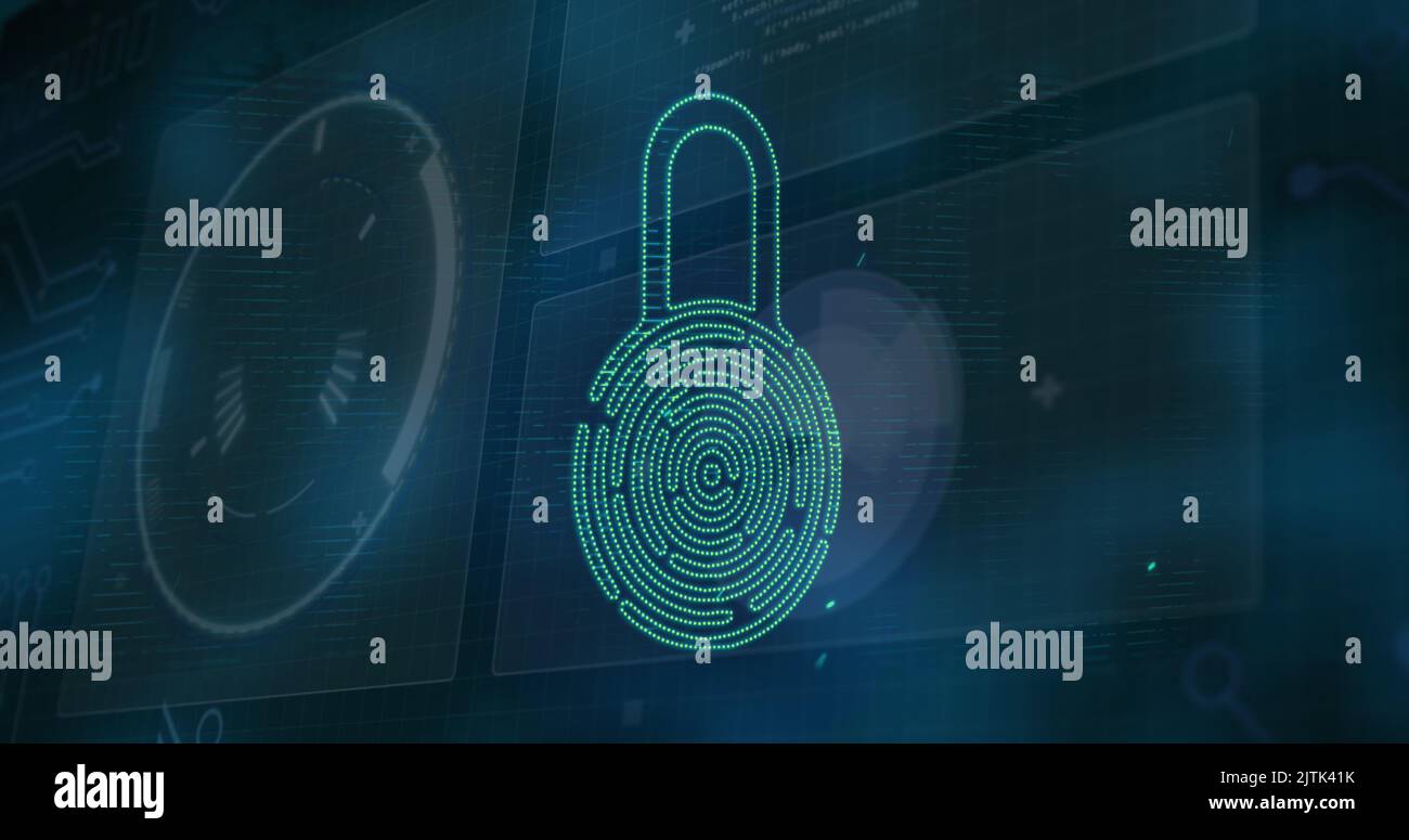Image of security padlock icon over interface with data processing ...