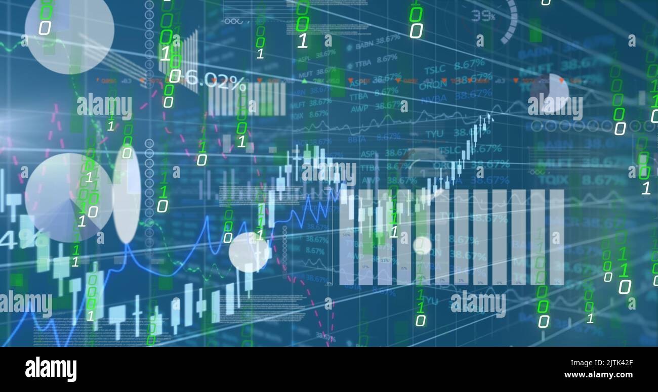 Image of graphs, data and binary code on blue background Stock Photo