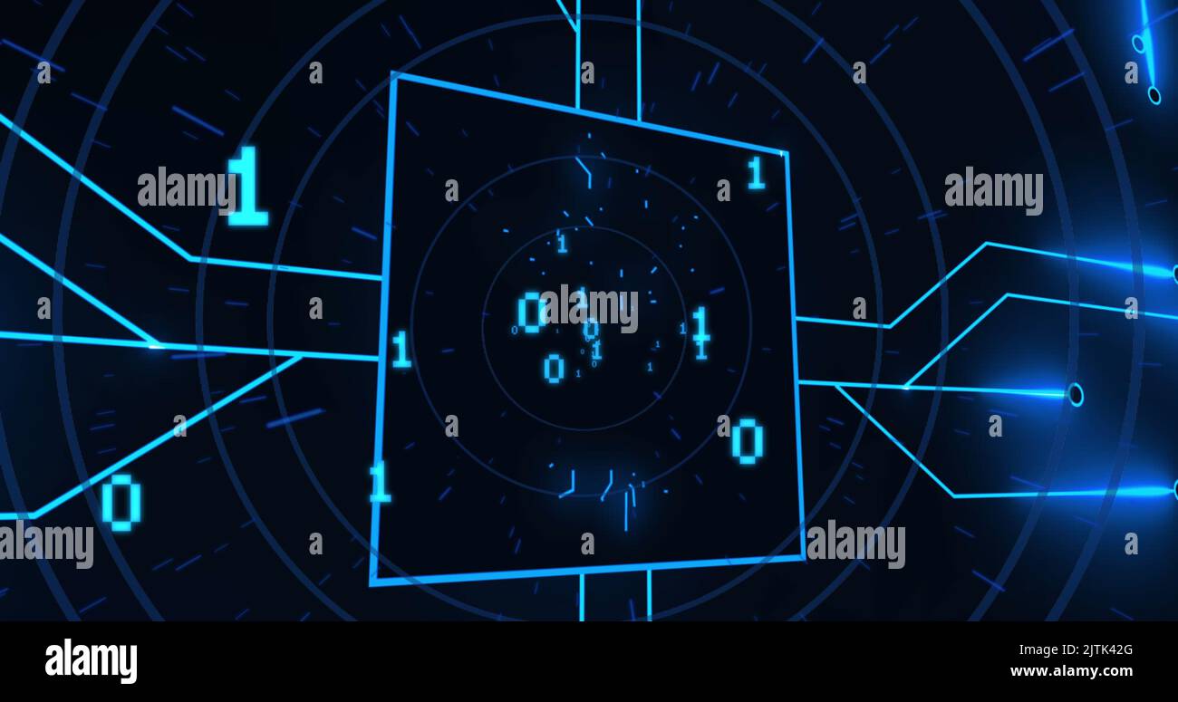 Image of binary code and integrated circuit in black digital space ...